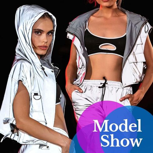 Edary Women's Rave Reflective Hooded Vest Sleeveless Disco Cropped Jackets Coat Night Club Waistcoat Jacket in Saudi Arabia