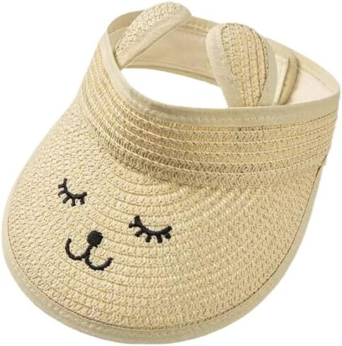 Beach Smile Straw Visor Hat Sun Hat Kid Toddler Cute Bunny Cat Ears Summer 100% Recycled Paper (Tan) in Saudi Arabia