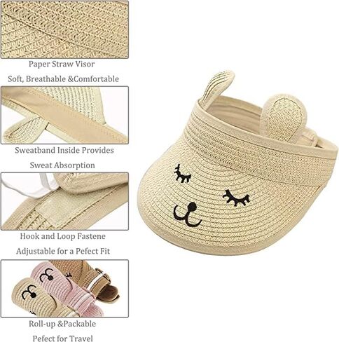 Beach Smile Straw Visor Hat Sun Hat Kid Toddler Cute Bunny Cat Ears Summer 100% Recycled Paper (Tan) in Saudi Arabia
