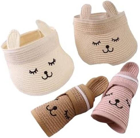 Beach Smile Straw Visor Hat Sun Hat Kid Toddler Cute Bunny Cat Ears Summer 100% Recycled Paper (Tan) in Saudi Arabia
