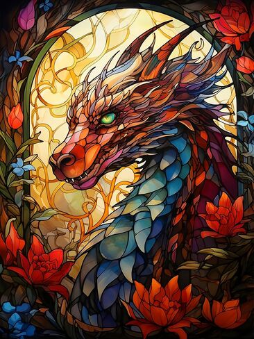 igoodom Dragon Stain Glass Diamond Painting Kits, DIY Stain Glass Dragon Flower Diamond Painting, Diamond Art Kits for Adults for Wall Decor Holidays Gift 12x16 in in Saudi Arabia