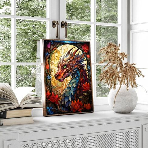 igoodom Dragon Stain Glass Diamond Painting Kits, DIY Stain Glass Dragon Flower Diamond Painting, Diamond Art Kits for Adults for Wall Decor Holidays Gift 12x16 in in Saudi Arabia