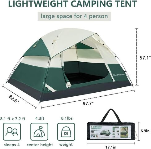 خيمة 4 أشخاص مع ذبابة مطر قابلة للإزالة، خيام تخييم مقاومة للماء سهلة الإعداد، 3 نوافذ شبكية مع طبقة مزدوجة للتخييم والمشي لمسافات طويلة في الهواء الطلق لمدة 4 مواسم (أخضر داكن) in Kuwait