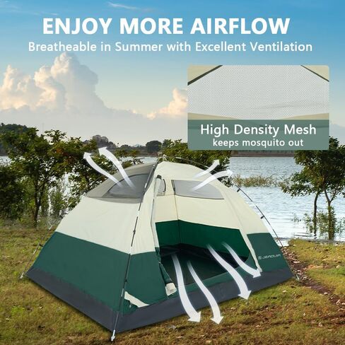 خيمة 4 أشخاص مع ذبابة مطر قابلة للإزالة، خيام تخييم مقاومة للماء سهلة الإعداد، 3 نوافذ شبكية مع طبقة مزدوجة للتخييم والمشي لمسافات طويلة في الهواء الطلق لمدة 4 مواسم (أخضر داكن) in Kuwait