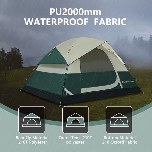 خيمة 4 أشخاص مع ذبابة مطر قابلة للإزالة، خيام تخييم مقاومة للماء سهلة الإعداد، 3 نوافذ شبكية مع طبقة مزدوجة للتخييم والمشي لمسافات طويلة في الهواء الطلق لمدة 4 مواسم (أخضر داكن) in Kuwait