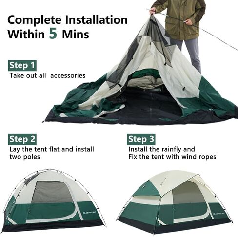 خيمة 4 أشخاص مع ذبابة مطر قابلة للإزالة، خيام تخييم مقاومة للماء سهلة الإعداد، 3 نوافذ شبكية مع طبقة مزدوجة للتخييم والمشي لمسافات طويلة في الهواء الطلق لمدة 4 مواسم (أخضر داكن) in Kuwait