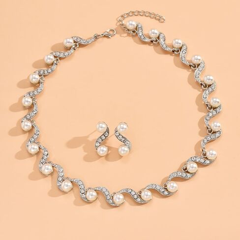 مجموعة أقراط قلادة الزفاف من اللؤلؤ وقلادات حجر الراين الفضية وقلادة العروس الكريستالية ومجموعة مجوهرات من إكسسوارات اللؤلؤ للنساء والفتيات in Kuwait