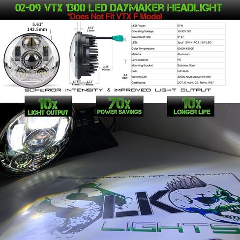 SLK-Lights VTX 5.75 بوصة مصباح أمامي LED مستدير من الكروم مع دعامة وأجهزة - سهل التركيب والتوصيل والتشغيل مصباح أمامي للدراجات النارية متوافق مع Honda VTX 1300، VTX 1800 in Kuwait