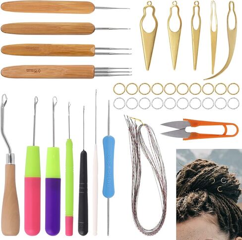 Wokape 49Pcs Dreadlocks Crochet Hook Tool Set with Colorful Braided Rope Hair Strings Hair Tie, Weaving Needle Steel Crochet Hook with Bamboo Handle Interlocking Needles for Fashion Hair Style in Saudi Arabia