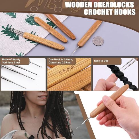 Wokape 49Pcs Dreadlocks Crochet Hook Tool Set with Colorful Braided Rope Hair Strings Hair Tie, Weaving Needle Steel Crochet Hook with Bamboo Handle Interlocking Needles for Fashion Hair Style in Saudi Arabia