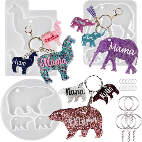 Mama and Baby Keychain Resin Silicone Molds Set with Key Chain Rings Alpaca Bear Elephant for Epoxy Jewelry Casting Kit 18-Count in Saudi Arabia