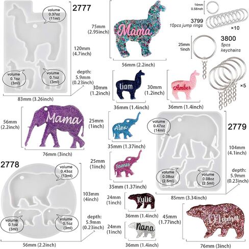 Mama and Baby Keychain Resin Silicone Molds Set with Key Chain Rings Alpaca Bear Elephant for Epoxy Jewelry Casting Kit 18-Count in Saudi Arabia