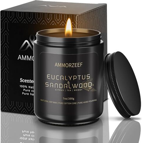 شموع الصويا المعطرة للرجال، شموع الأوكالبتوس وخشب الصندل | فتيل قطن 100%، 7 أونصة، سبا | اليوغا | التأمل | النوم | شموع العلاج العطري، وقت الحرق 50 ساعة in Saudi Arabia