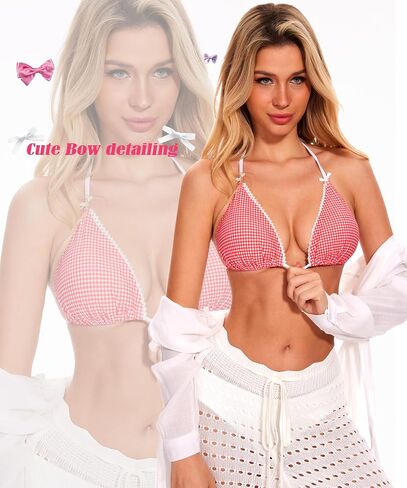 Navneet Women Triangle Bikini Tops Bow Lace Trim Checkered Bikini Halter String Cute Y2k Coquette Swimsuit Bathing Suit Tops in Saudi Arabia