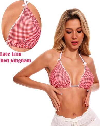 Navneet Women Triangle Bikini Tops Bow Lace Trim Checkered Bikini Halter String Cute Y2k Coquette Swimsuit Bathing Suit Tops in Saudi Arabia