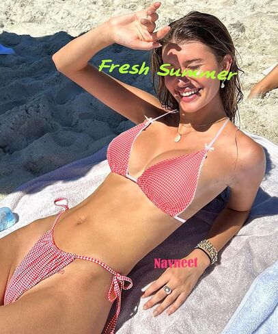 Navneet Women Triangle Bikini Tops Bow Lace Trim Checkered Bikini Halter String Cute Y2k Coquette Swimsuit Bathing Suit Tops in Saudi Arabia