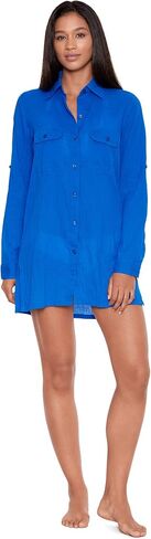 LAUREN Ralph Lauren Crushed Cotton Camp Shirt – Bikini Cover up – Button Closure – Flap Pockets Royal Blue LG (US 12-14) One Size in Saudi Arabia