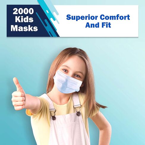 2000 قناع وجه للأطفال للاستعمال مرة واحدة، أقنعة وجه بالجملة (40 صندوقًا، 50 قطعة/صندوق)، أقنعة وجه سميكة غير منسوجة قابلة للتنفس مكونة من 3 طبقات وقابلة للتعديل in Kuwait