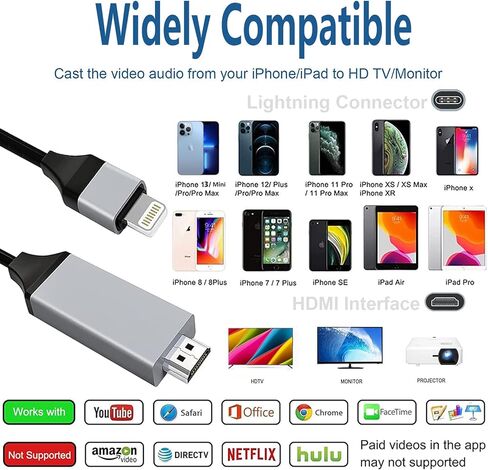 Lightning to HDMI Adapter Cable for iPhone,[Apple MFi Certified] 1080P HDTV Cable Adapter Digital AV Sync Screen Connector Compatible with iPhone/iPad/iPod on HD TV Monitor Projector - 6.6 Feet/2M in Kuwait