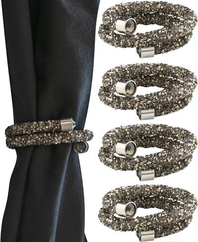 Luminous Rhinestone Swirl Napkin Ring, Sparkling Rhinestones on Flexible Wire, for Cloth Napkins, Formal Dining Table Setting, Events, Weddings, Black, 2", Set of 4 in Saudi Arabia