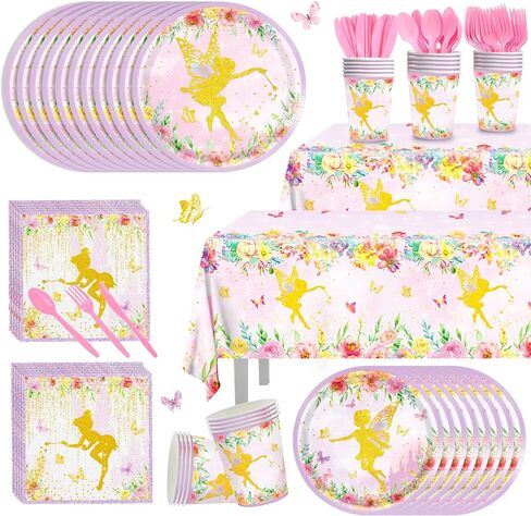 Fairy Birthday Party Supplies Fairy Paper Plates Napkins Floral Tablecloths Fairy Themed Disposable Cups Tableware Set for Baby Shower Decorations Fairy Party For Girls Serve 24 in Saudi Arabia