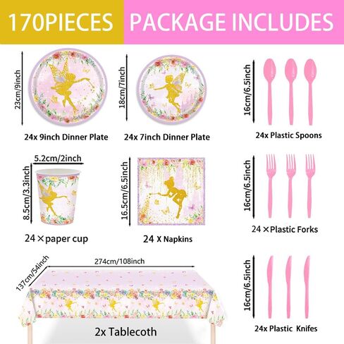 Fairy Birthday Party Supplies Fairy Paper Plates Napkins Floral Tablecloths Fairy Themed Disposable Cups Tableware Set for Baby Shower Decorations Fairy Party For Girls Serve 24 in Saudi Arabia