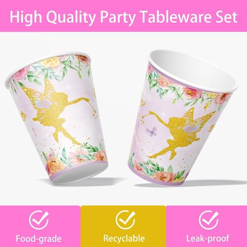 Fairy Birthday Party Supplies Fairy Paper Plates Napkins Floral Tablecloths Fairy Themed Disposable Cups Tableware Set for Baby Shower Decorations Fairy Party For Girls Serve 24 in Saudi Arabia