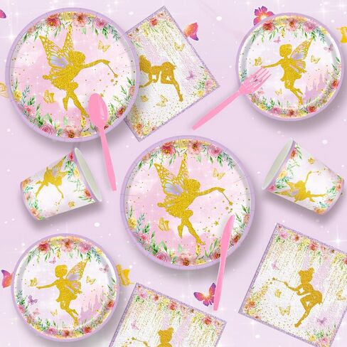 Fairy Birthday Party Supplies Fairy Paper Plates Napkins Floral Tablecloths Fairy Themed Disposable Cups Tableware Set for Baby Shower Decorations Fairy Party For Girls Serve 24 in Saudi Arabia