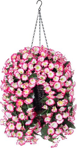 Artificial Fake Hanging Flowers Plants Basket for Outdoor Spring Decoration, Faux Silk Fuchsia Morning Glory Long Stems in Planter UV Resistant Look Real for Outside Porch Patio Balcony Home in Saudi Arabia