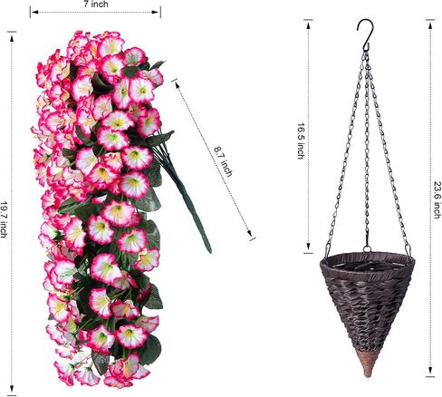 Artificial Fake Hanging Flowers Plants Basket for Outdoor Spring Decoration, Faux Silk Fuchsia Morning Glory Long Stems in Planter UV Resistant Look Real for Outside Porch Patio Balcony Home in Saudi Arabia