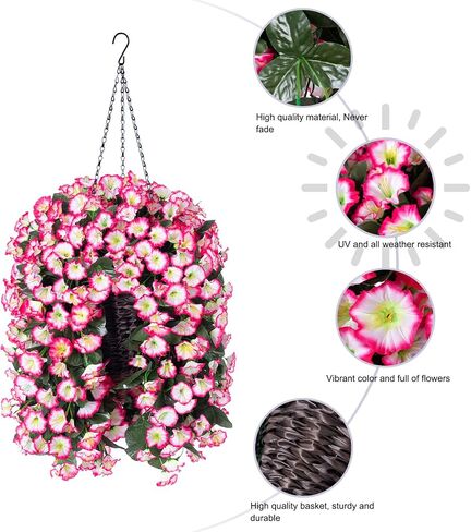Artificial Fake Hanging Flowers Plants Basket for Outdoor Spring Decoration, Faux Silk Fuchsia Morning Glory Long Stems in Planter UV Resistant Look Real for Outside Porch Patio Balcony Home in Saudi Arabia