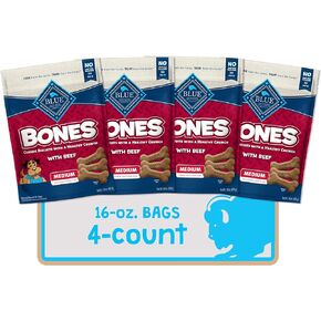 Blue Buffalo Bones Natural Crunchy Dog Treats, Medium Dog Biscuits, Beef (16-oz bag, 4 count)