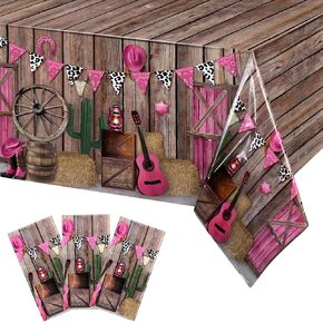 Tiamon 3 Pcs Western Party Tablecloth Western Cowgirl Table Cover Pink Western Cowgirl Plastic Tablecloth Disposable Wild West Theme Table Cover for Baby Shower Birthday Party Supplies, 54 x108 Inch
