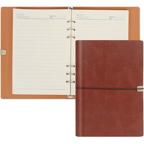 Leather A5 Ring Binder Notebook, 6 Ring A5 Notebook Binder with A5 Refill Papers, Travel Binder Journal with Ring Binder, Refillable PU Leather Journal Writing Notebook Brown