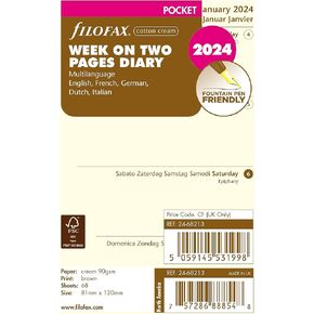 Filofax Calendar Diary Refill, Pocket Size, Week-to-View, Cotton Cream Paper, Unruled, Multilingual: Five Languages, 2024 (C68213-24)