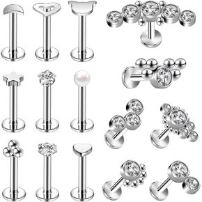 ZS 16G Screw Lip Rings, Stainless Steel Labret Jewelry, CZ Forward Tragus Earrings for Women Men, Length 6 8 10mm Medusa Monroe Piercing