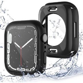 [عبوتان] حافظة مقاومة للماء 2 في 1 متوافقة مع Apple Watch Series 9 8 7 45 مم واقي شاشة من الزجاج المقسى وغطاء وجه من البولي كربونات ومصد خلفي لملحقات iWatch - 45 مم أسود ×2