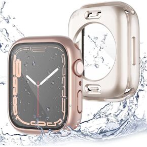 [2 Pack] 2 in 1 Waterproof Case Compatible for Apple Watch Series 9 8 7 45mm Screen Protector Tempered Glass Film PC Face Cover & Back Bumper for iWatch Accessories - 45mm Black x2