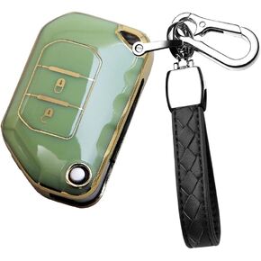 HIBEYO Car Flip Key Fob Cover with Keychain for Jeep Wrangler JL JLU Gladiator 4XE 2018-2021 Key Case Accessories Soft TPU 2 Button Full-protect Key Shell(Green