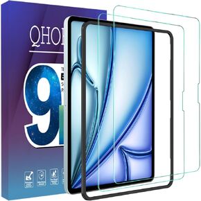 QHOHQ Screen Protector for iPad Air 11 inch 2024 6th Generation, Full Coverage Tempered Glass, [Face ID & Apple Pencil Compatible], with Easy Installation Frame, HD Clear, Anti Scratch [2 Pack]
