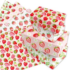 littkeef cliaet Strawberry Wrapping Paper Set - 12 Sheets Strawberry Gift Wrapping Paper 4 Design Strawberry Wrapping Paper for Strawberry Themed Party Decorations 20'' x 27''