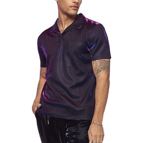 OYOANGLE Men's Metallic Short Sleeve Shirt Holographic Collared Summer Party Shirt Tops