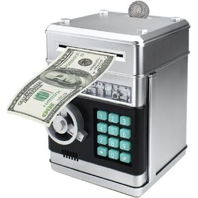 Piggy Bank Electronic Mini ATM for Kids,Money Safe Box Cash Coin Can Password Code Lock for Kids-Hot Gift,Best Present for Children Boys Girls (Silver)