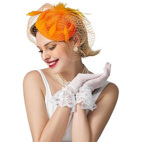 SWEETV Fascinators Pillbox Hats for Women, Tea Party Hat and Short Lace Gloves Set Perfect for Kentucky Derby, Cocktail