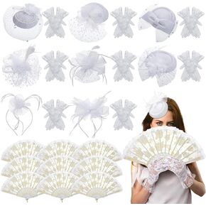 27 Pcs Wedding Party Supplies Fascinator Hats with Folding Fans Lace Gloves for Wedding Church Bridal Tea Party