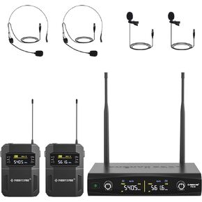 Phenyx Pro UHF Wireless Microphone System w/ 2x30 Frequencies, Metal Cordless Mic Set, 2 Bodypacks & Headsets/Lapel Microphones for Speaking, Singing, Church, DJ (PTU-52-2B)