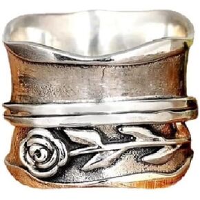 Vintage Wide Face Rose Flowers Pattern Spinner Ring for Women, Fidget Rings Gift For Her,Boho Ring Jewelry Gift, Antique Silver Band12mm Wide (US size 7)