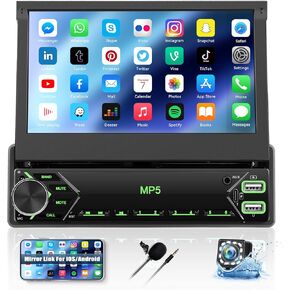 ستيريو سيارة بشاشة تعمل باللمس مقاس 7 بوصات وشاشة قابلة للطي وراديو السيارة في وحدة رأس لوحة القيادة يدعم بلوتوث راديو FM ومرآة وصلة صوت السيارة مع USB/TF/AUX-in SWC + كاميرا احتياطية + ميكروفون in Kuwait