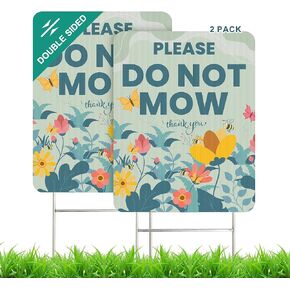 Do Not Mow Sign with Stake 2 Pack 9"x 12" Double-Sided No Mowing Signs