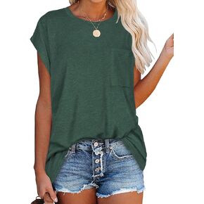 JOELLYUS Cap Sleeve Tops for Women Summer T Shirts with Pocket Basic Tees Casual Loose Fit Round Neck Top